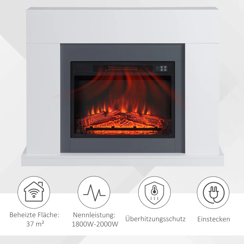 HOMCOM LED elektrische haard staande haard haardkachel met vlameffect 1800 / 2000W MDF PB panelen staal glas PP kunststof PVC wit 113 x 26,6 x 87,5 cm(m-6)