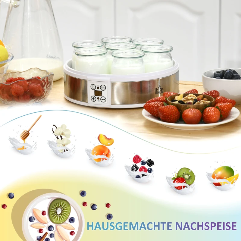 HOMCOM Yoghurtmaker Yoghurtmachine, inclusief 7 glazen, roestvrij staal, 24 cm x 24 cm x 13 cm, zilver + wit(m-7)