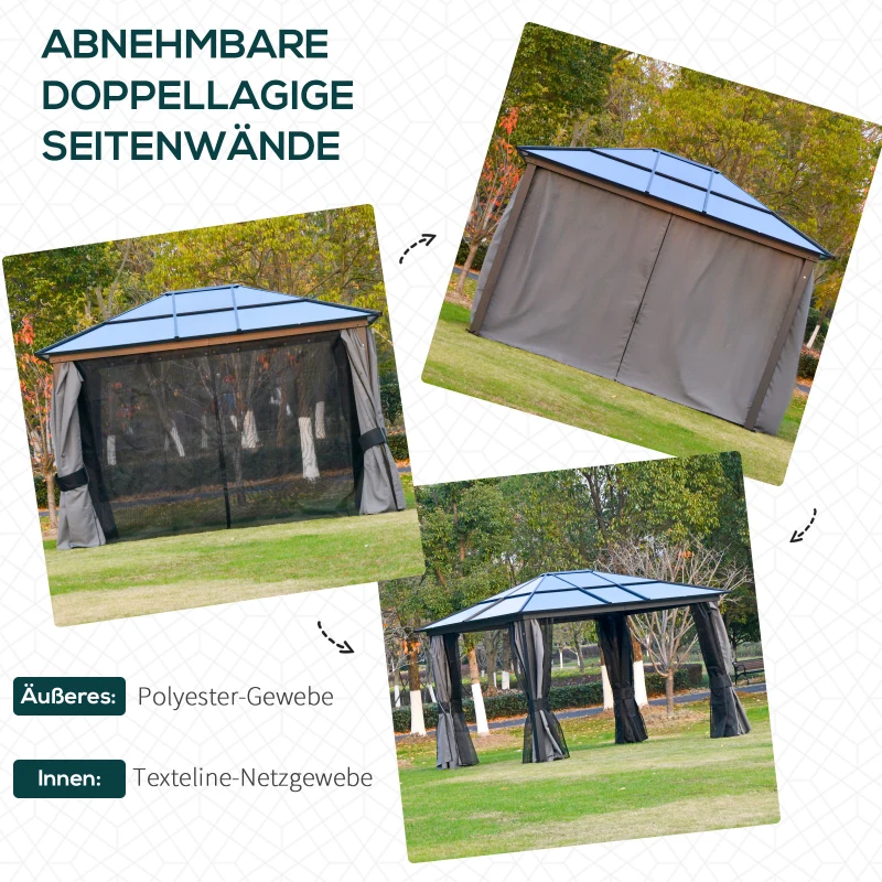 Outsunny Pavillon mit Polycarbonatdach, Vorhänge mit Fliegennetz, Alugestell, Dunkelgrau+Schwarz, 3,6 x 3 x 2,6 m