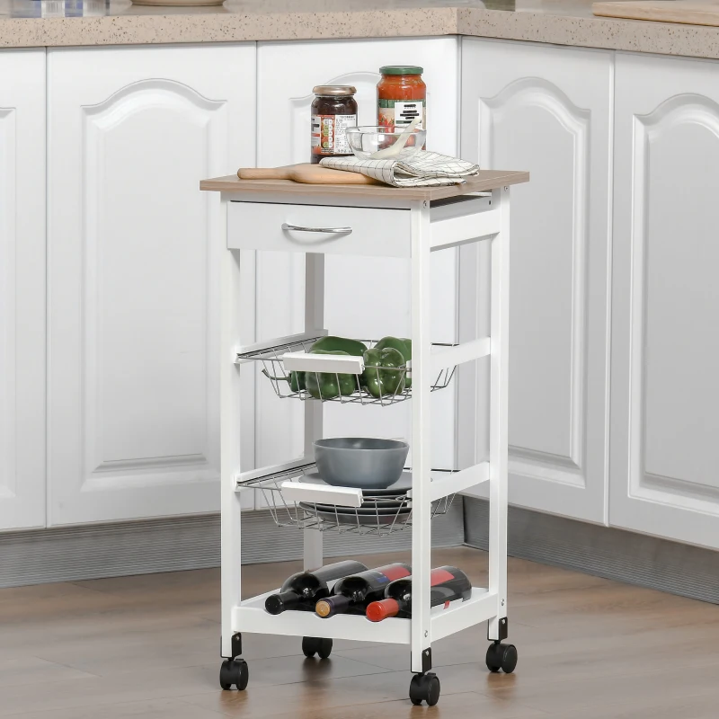 HOMCOM Küchenwagen Rollwagen Allzweckwagen mit ausziehbare Metallkörben und Schublade, Servierwagen mit Rollen, Aufbewahrungswagen für Küche Bad Büro Wohnzimmer Weiß