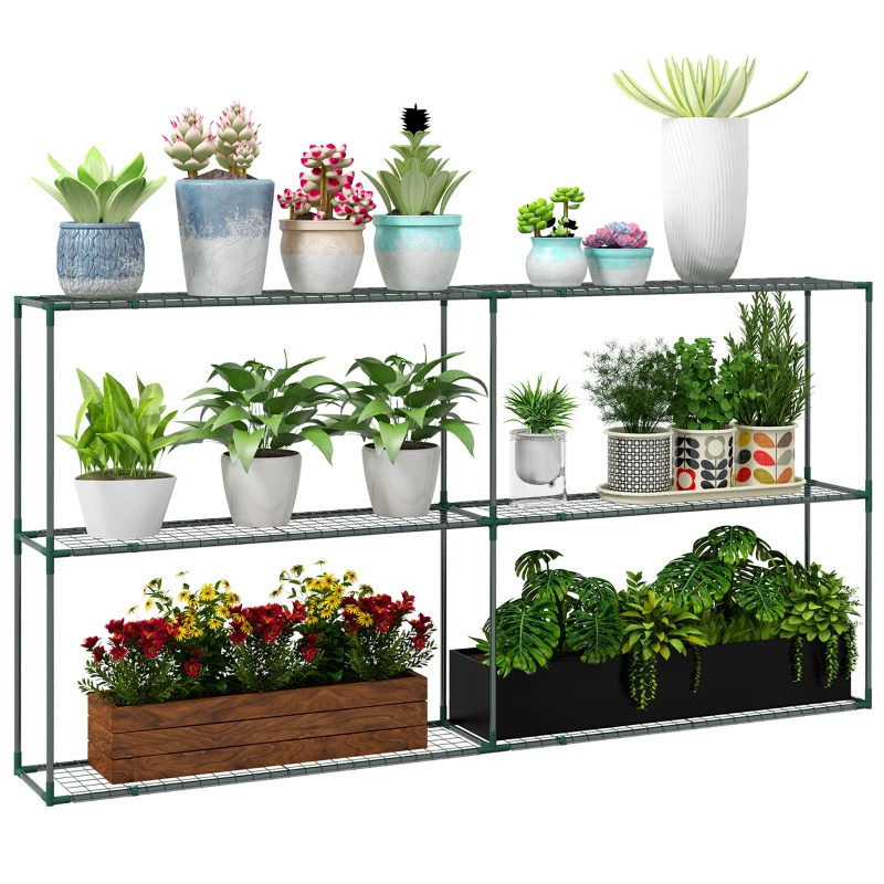 Outsunny Drielaagse Bloemenstandaard, Plantenrek voor Kassen, Schuren, Garages, 222x30x114 cm, Donkergroen