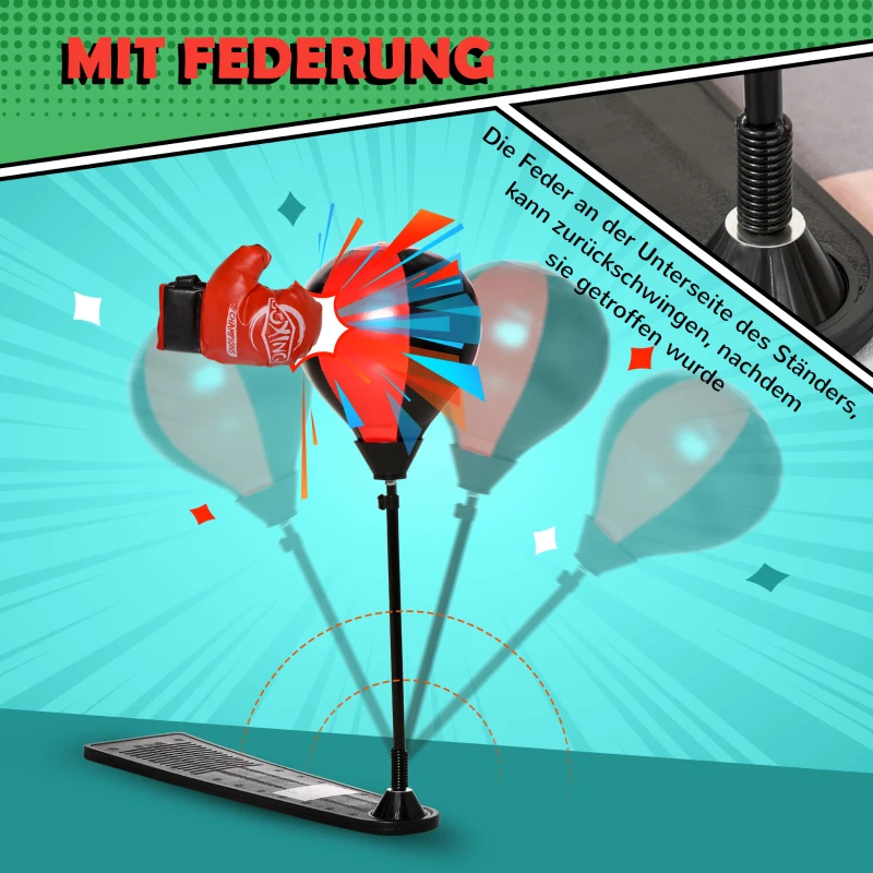 HOMCOM Boxset Boxstand für Kinder Punchingball Set höhenverstellbar 87,5-129,5 cm Standboxsack mit Boxhandschuhe Pumpe für Kinder 5-8 Jahre Metall Kunstleder Schwarz+Rot