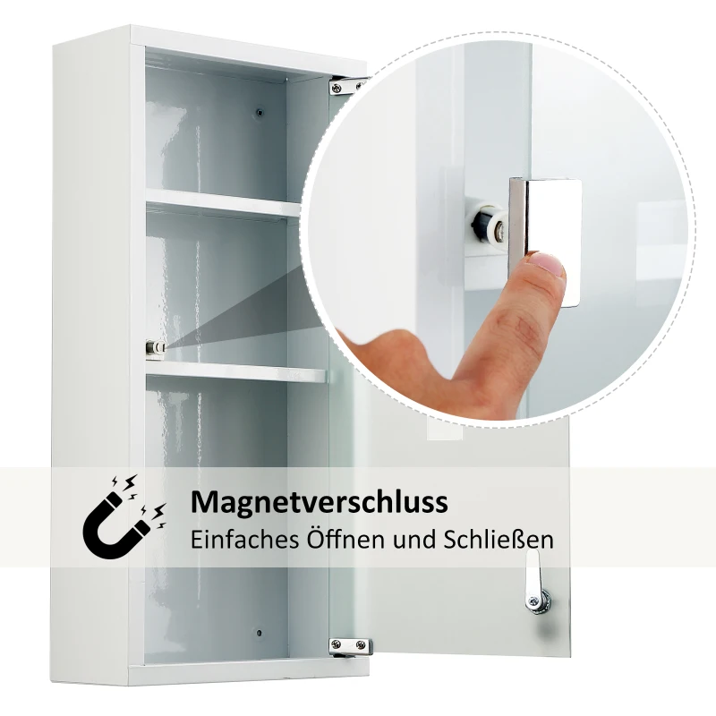 HOMCOM Medizinschrank Arzneischrank Medikamentenschrank mit 3 Ebenen Erste-Hilfe-Schrank mit Schloss Apothekerschrank mit Mattglastür Stahl Weiß 27 x 57 x 12 cm