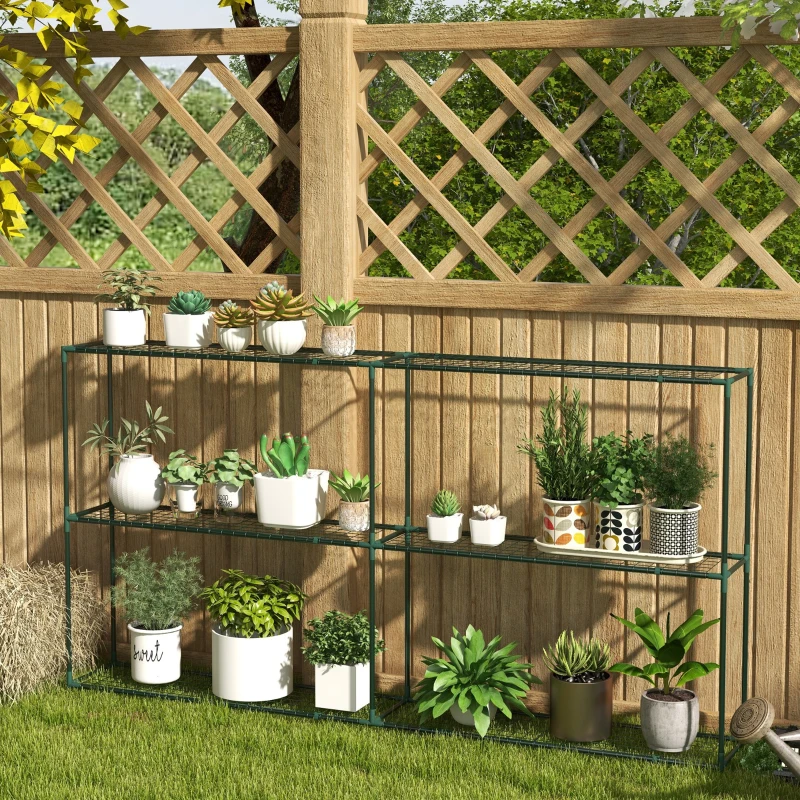 Outsunny Drielaagse Bloemenstandaard, Plantenrek voor Kassen, Schuren, Garages, 222x30x114 cm, Donkergroen