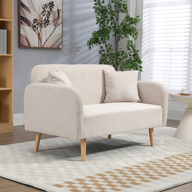 HOMCOM 2-zitsbank, Moderne Design Bank, inclusief 2 kussens, houten poten, 130 x 70 x 80 cm, Crème(m-7)