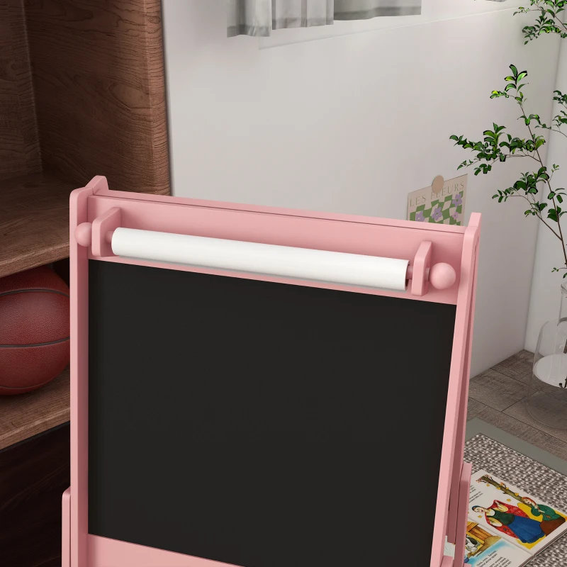 AIYAPLAY 3-in-1 Kinderstaffelei met Papierrol, Krijtbord, Whiteboard, Opbergmanden, 54 x 46,5 x 93 cm, Roze(m-7)