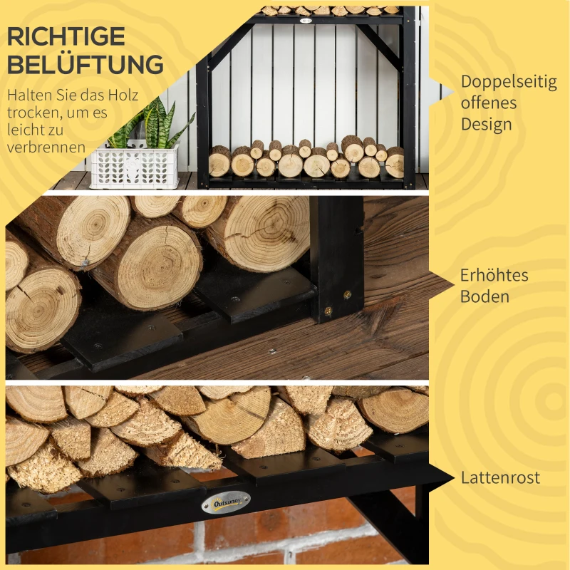 Outsunny Brennholzregal mit zwei Regalen, wetterfest lackiert, stabile Querstreben, 92 x 35,5 x 121,5 cm, Schwarz