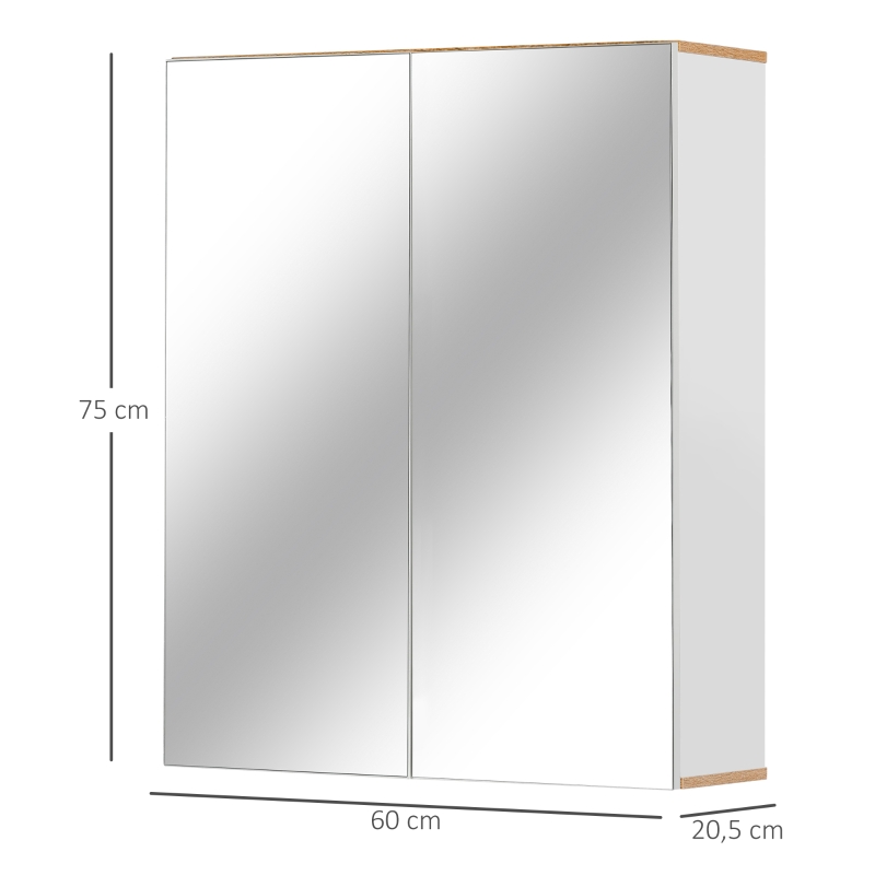 kleankin Badspiegel Badezimmerschrank Spiegelschrank Wandschrank mit 3 Ablagen Schminkschrank Spanplatte Weiß 60 x 20,5 x 75 cm