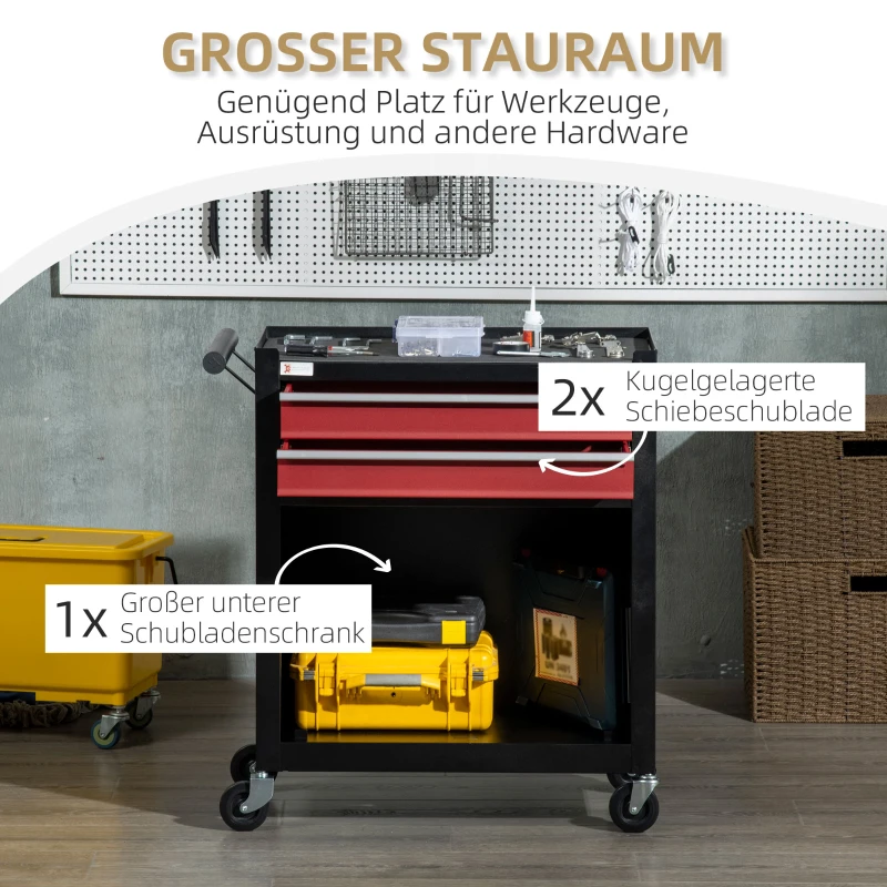 DURHAND Werkzeugwagen mit 4 Rollen, 2 Schubladen, 1 Schrank, 62 cm x 33 cm x 74 cm,  Rot + Schwarz