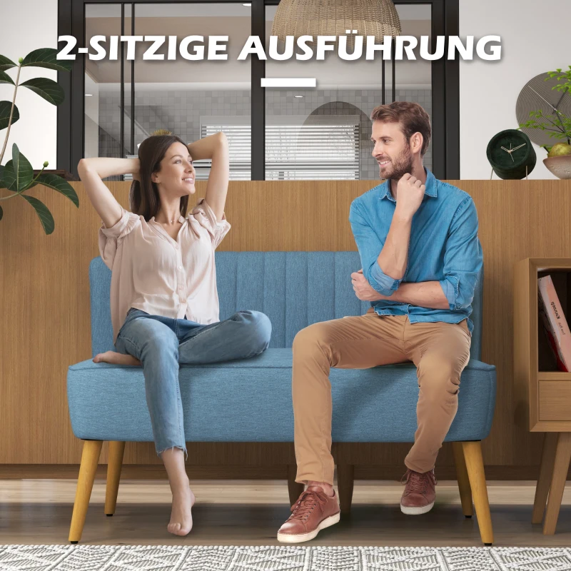 HOMCOM Sofa Retrodesign 2-zitsbank, houten poten, 117 cm x 56,5 cm x 77 cm, Lichtblauw(m-6)