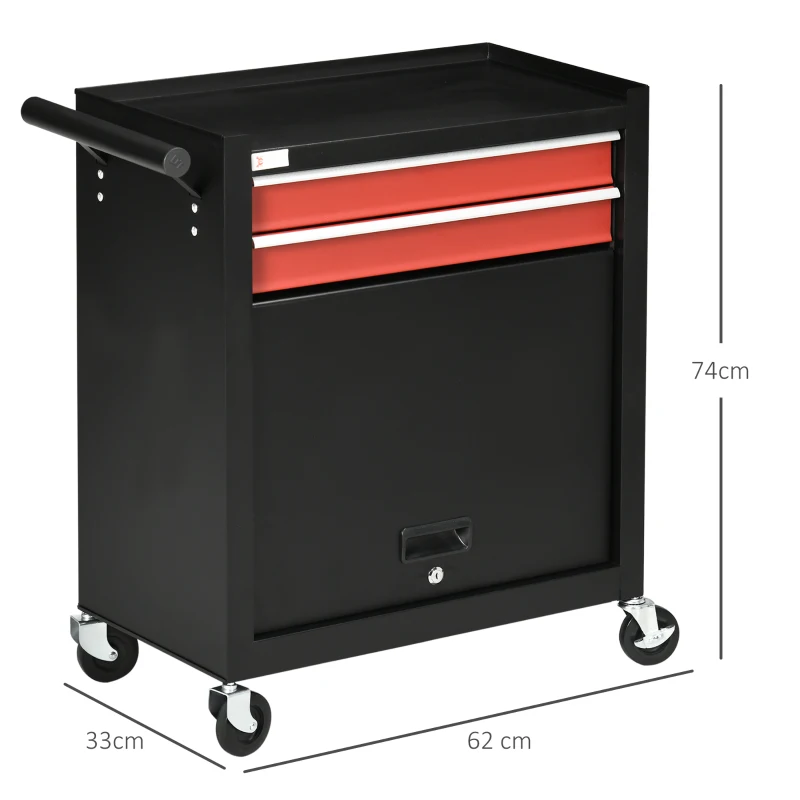 DURHAND Werkzeugwagen mit 4 Rollen, 2 Schubladen, 1 Schrank, 62 cm x 33 cm x 74 cm,  Rot + Schwarz