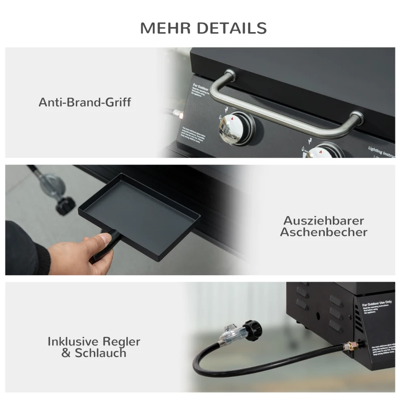 Outsunny mobilny grill gazowy BBQ z 2 palnikami stal węglowa kolor czarny 55 x 46,5 x 41 cm