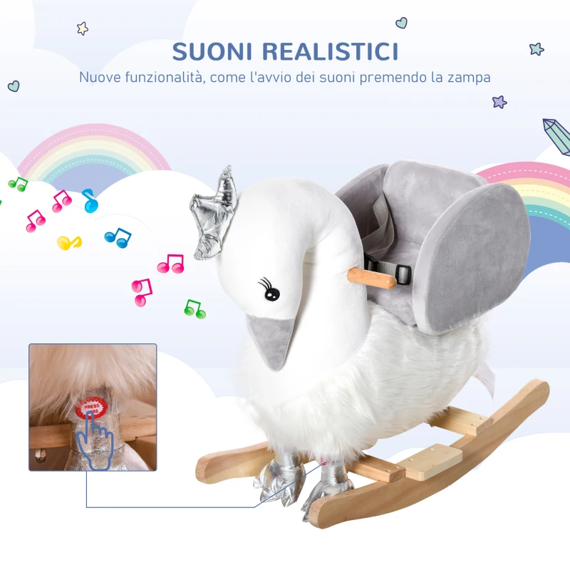HOMCOM Cavallo a Dondolo per Bambini a Forma di Cigno, Dondolo Giocattolo Cavalcabile per Bambini 18-36 Mesi (Max 40kg), in Legno di Pioppo e Peluche, Bianco e Grigio