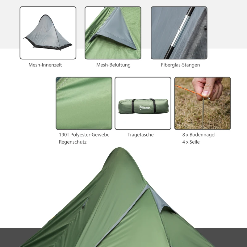 Outsunny Zelt für 2 Personen Campingzelt mit Heringen Glasfaser Polyester Dunkelgrün 345 x 150 x 112 cm