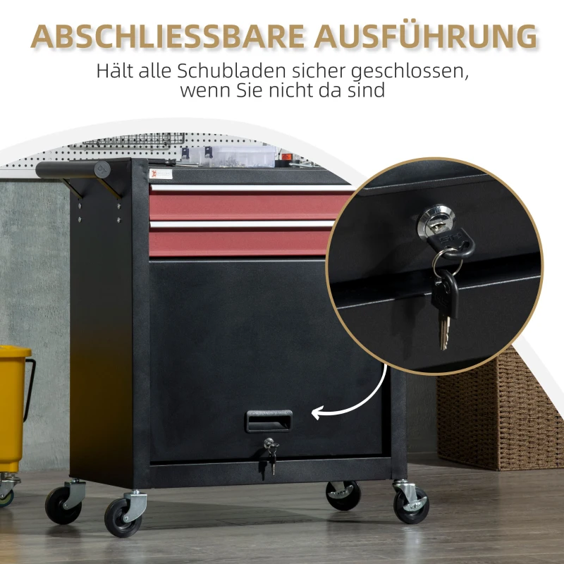 DURHAND Werkzeugwagen mit 4 Rollen, 2 Schubladen, 1 Schrank, 62 cm x 33 cm x 74 cm,  Rot + Schwarz
