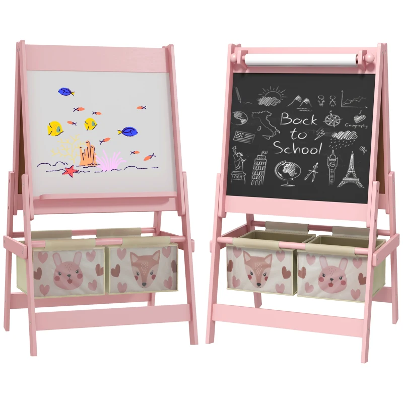 AIYAPLAY 3-in-1 Kinderstaffelei met Papierrol, Krijtbord, Whiteboard, Opbergmanden, 54 x 46,5 x 93 cm, Roze(m-10)
