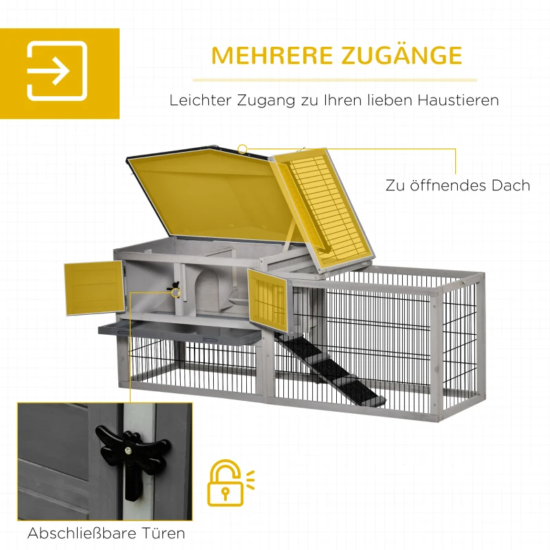 PawHut Kleintierstall kleintierkäfig mit Freigehege Meerschweinchenstall Freilaufgehege Winterfest Outdoor Tierstall Tannenholz Hellgrau 150 cm x 52,5 cm x 68 cm