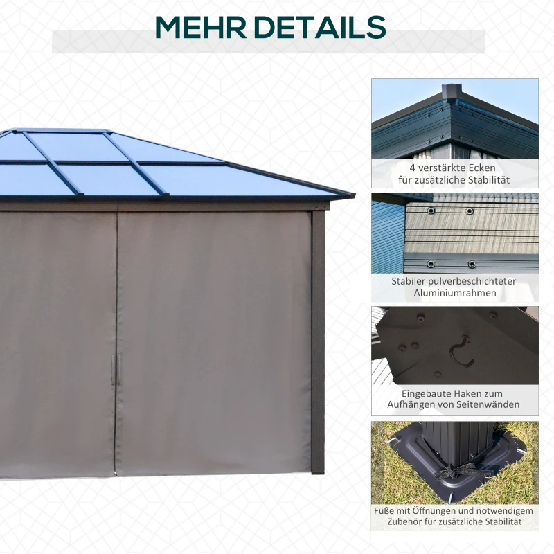 Outsunny Pavillon mit Polycarbonatdach, Vorhänge mit Fliegennetz, Alugestell, Dunkelgrau+Schwarz, 3,6 x 3 x 2,6 m