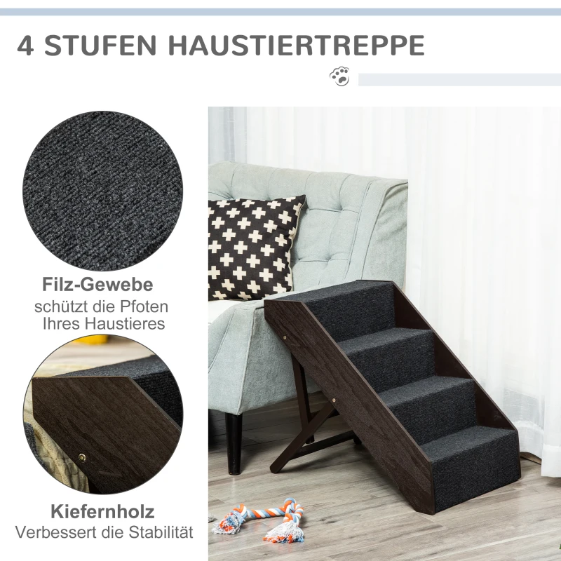 PawHut Haustiertreppe Hundetreppe 4 Stufen tragbare Katzentreppe Einstiegshilfe mit grauem Teppich für Katzen und Hunde einstellbar faltbar 46,5 x 55 x 64 cm