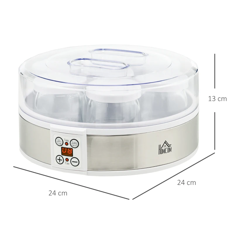HOMCOM Yoghurtmaker Yoghurtmachine, inclusief 7 glazen, roestvrij staal, 24 cm x 24 cm x 13 cm, zilver + wit(m-3)