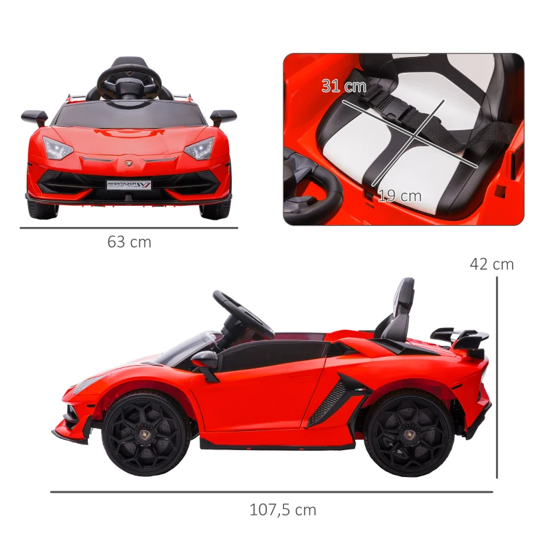 HOMCOM Elektrische kinderauto, officiële licentie van de Lamborghini Aventador, met vleugeldeuren, muziek, claxon, geschikt voor kinderen van 3-5 jaar, in de kleur rood(m-3)
