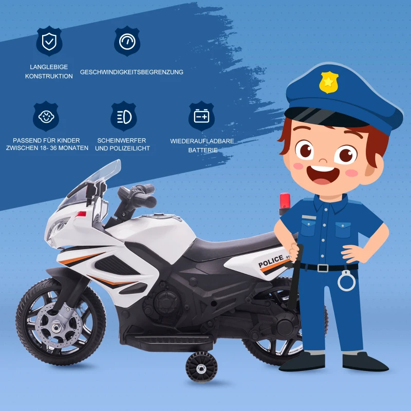 HOMCOM Kinder Polizei Elektromotorrad Polizeimotorrad Elektroauto Kinderwagen für 18 bis 36 Monaten mit 2 Scheinwerfer Polizeilichter Elektroquad Weiß+Schwarz 69 x 39 x 43 cm