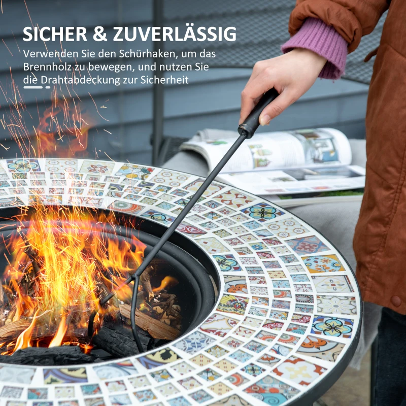 Outsunny Feuertisch Gartentisch mit Feuerschale Feuerstelle mit Funkenschutz & Grillrost Feuerkorb Outdoor für Heizung BBQ Garten Terrase Metall Fliese 75 x 75x 60 cm