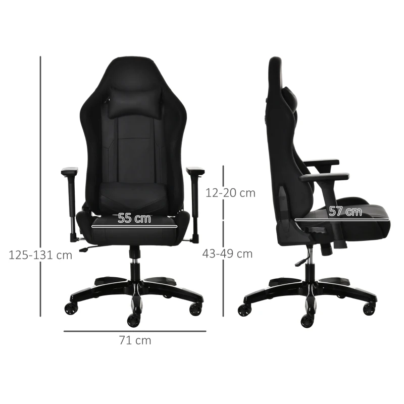 Vinsetto Gaming Stuhl mit Wipp- & Liegefunktion höhenverstellbarer Bürostuhl ergonomischer Drehstuhl mit Kopfstütze Lendenkissen 90-160° Neigungswinkel Schwarz Kunstleder 71 x 58 x 125-131 cm