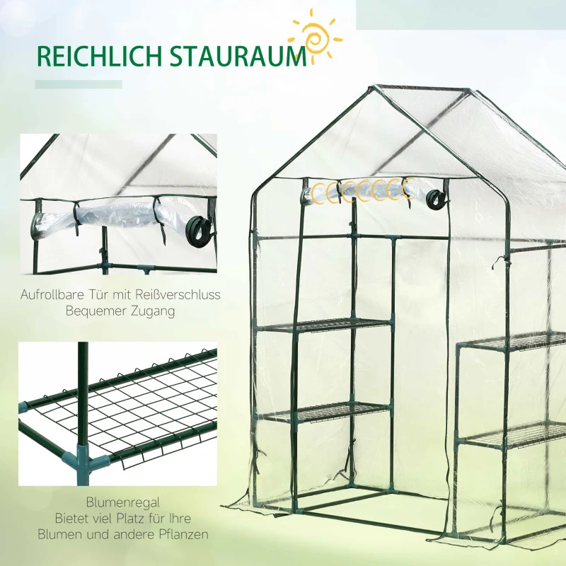 Outsunny Foliengewächshaus begehbares Gartenhäuschen Tomatengewächshaus Treibhaus Frühbeet mit 6 Regalen Transparent Stahl PVC-Kunststoff 143 x 73 x 195 cm