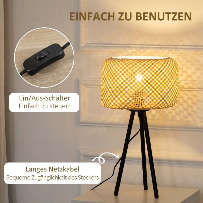 HOMCOM Tischleuchte im Boho-Stil, Lampenschirm aus Rattan, Stativ, 28 cm x 28 cm x 53 cm, Natur + Schwarz