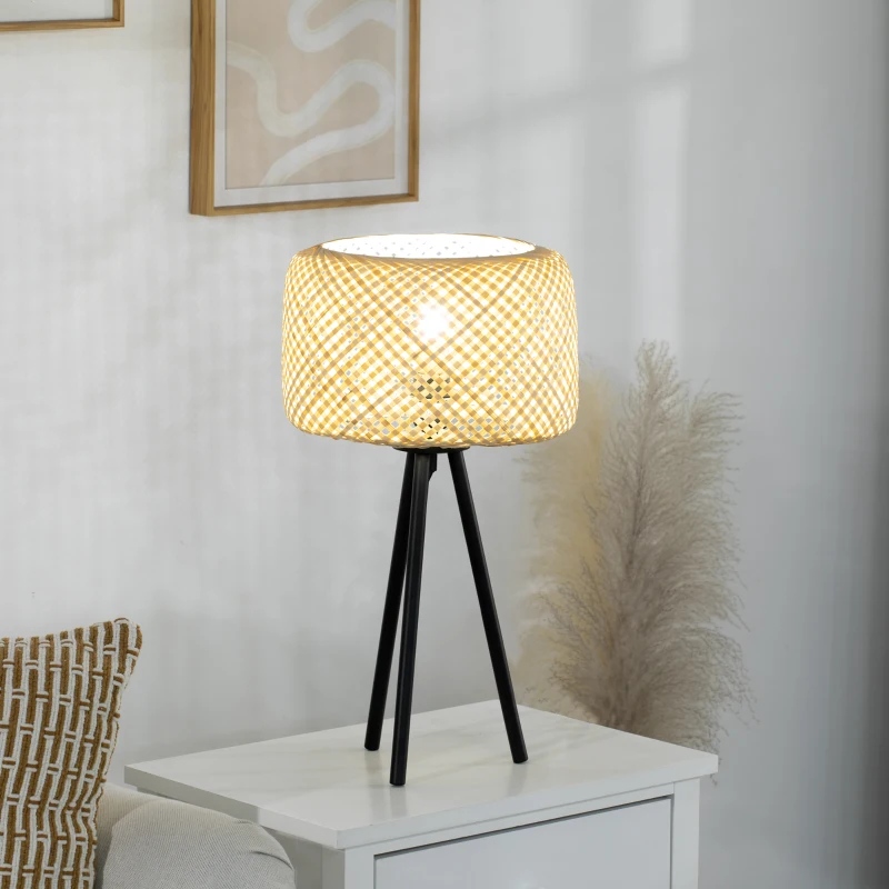 HOMCOM Tischleuchte im Boho-Stil, Lampenschirm aus Rattan, Stativ, 28 cm x 28 cm x 53 cm, Natur + Schwarz