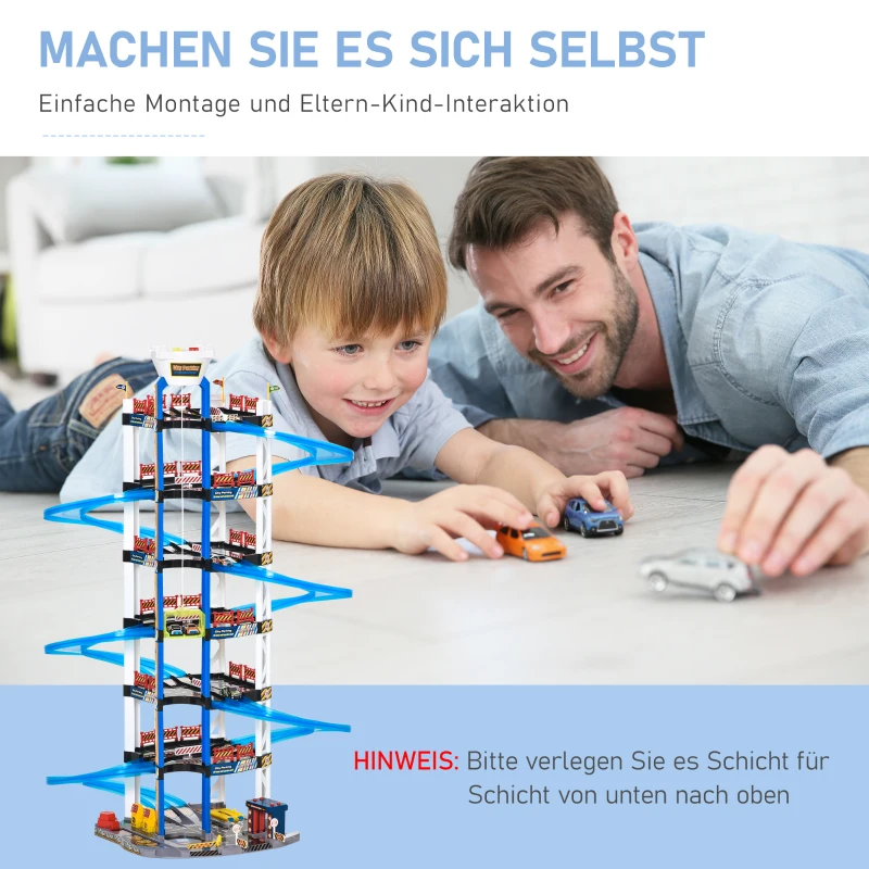 HOMCOM Parking Garage kinder Rennbahn Kinder Autorennbahn Parkgarage für Spielzeugautos mit Licht und Sound ab 3 Jahre ABS Blau+Weiß 64 x 59 x 113 cm