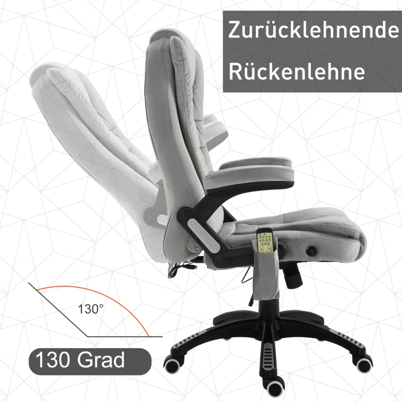 Vinsetto Bürostuhl mit Massagefunktion Ergonomischer Chefsessel mit Heizfunktion, Liegefunktion, Wippfunktion Höhenverstellbar 360° Drehbar Computerstuhl mit Seitentasche, Samtoptik, Grau
