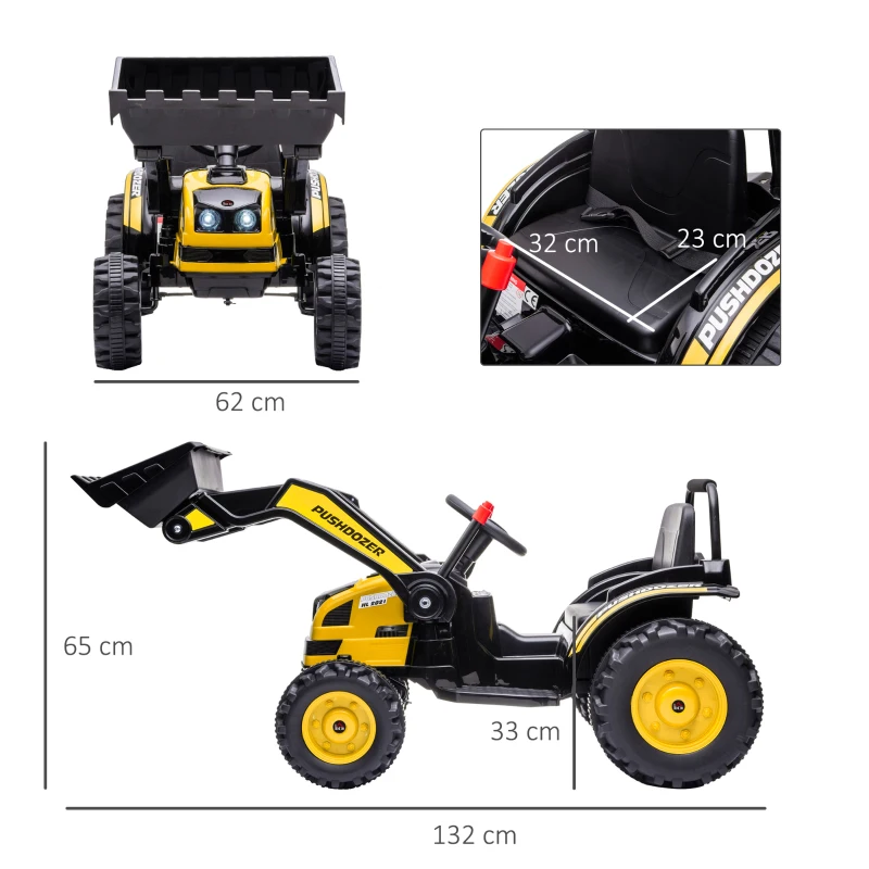 HOMCOM traptractor zittende graafmachine voor kinderen off-road voertuigen 2 instelbare snelheden tot 25 kg belastbaar met muziek schoparmen 3-5 jaar PP kunststof staal geel 132 x 62 x 65 cm