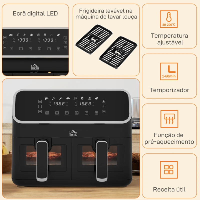 HOMCOM Fritadeira sem Óleo de 8L e 2700W com 2 Cestos Independentes 8 Programas Pré-configurados Ecrã LED Tátil 39x38,5x31 cm Preto