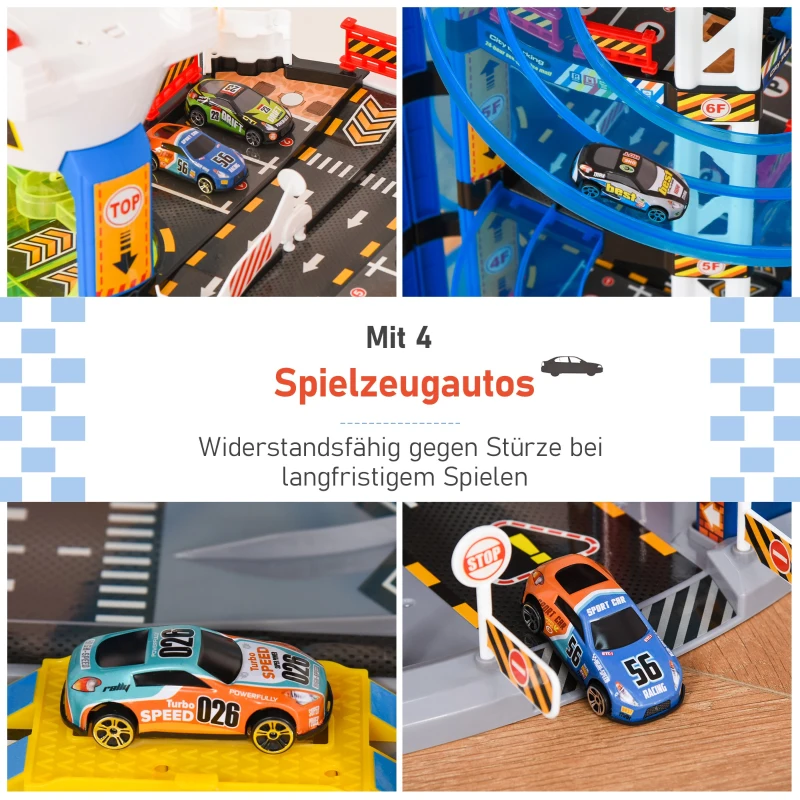 HOMCOM Parking Garage kinder Rennbahn Kinder Autorennbahn Parkgarage für Spielzeugautos mit Licht und Sound ab 3 Jahre ABS Blau+Weiß 64 x 59 x 113 cm
