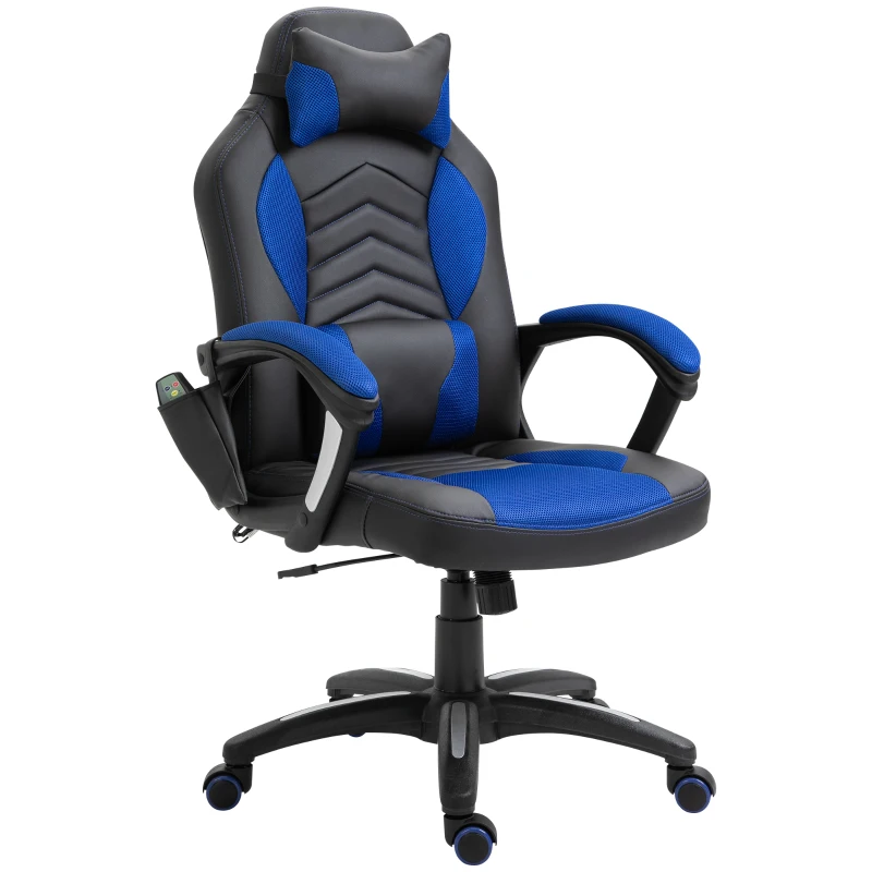 HOMCOM Bürostuhl Massagesessel Massagefunktion mit 6 Vibrationspunkte Ergonomischer Gaming Stuhl mit Wärmefunktion Kunstleder Blau 68 x 69 x 108-117cm