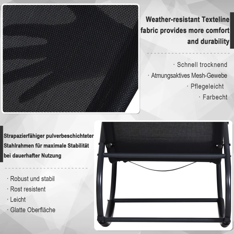 Outsunny Schaukelstuhl, Schaukelliege mit Kopfkissen, Gartenliege, Schwungliege, Texteline, Schwarz, 160 x 61 x 79 cm