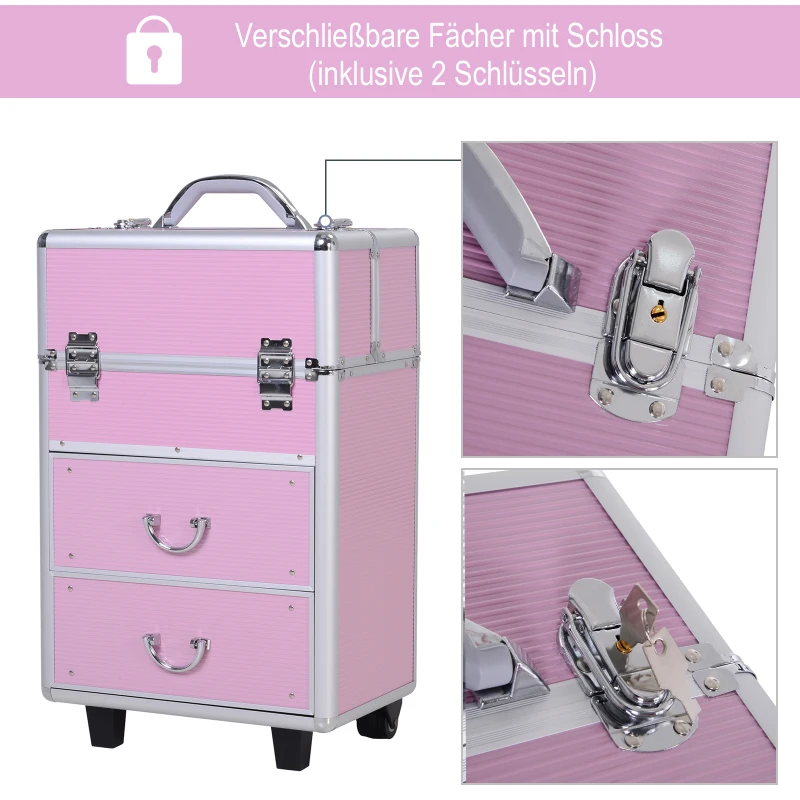 HOMCOM Kosmetikkoffer Trolley professioneller Schminkkoffer Friseurkoffer Make-up Koffer Multikoffer für Friseur mit Rollen 2 Schlüsseln ausziehbare Fächer Schubladen Rosa Alu 36 x 23 x 58 cm