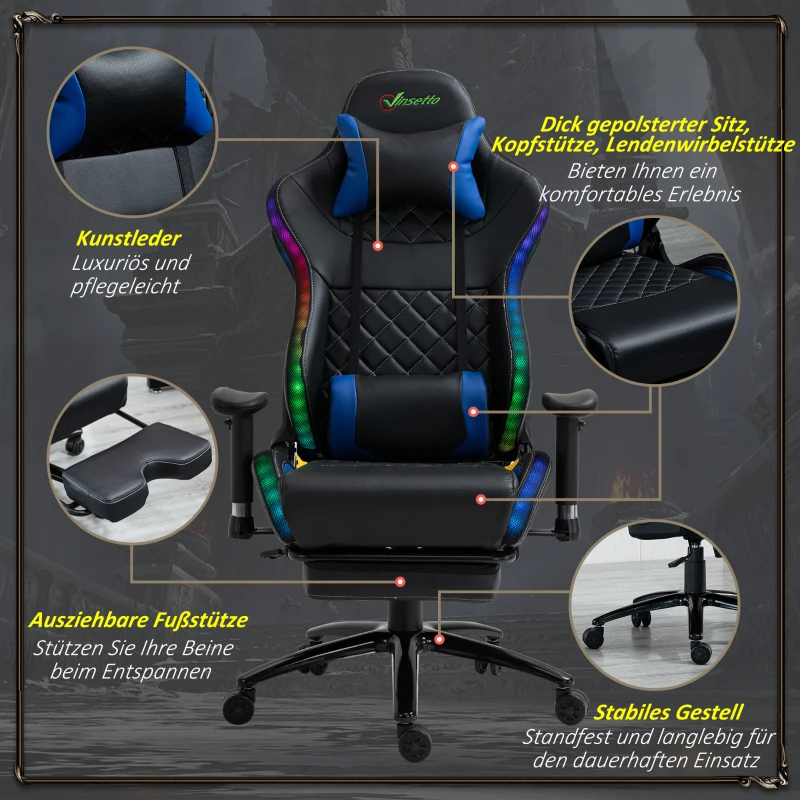 Vinsetto Gamingstuhl mit RGB LED-Leuchten Bürostuhl mit Wippenfunktion höhenverstellbarer Schreibtischstuhl Fußstütze ergonomisches Design modern Kunstleder Stahl Schwarz+Blau 71x74x 126-134 cm