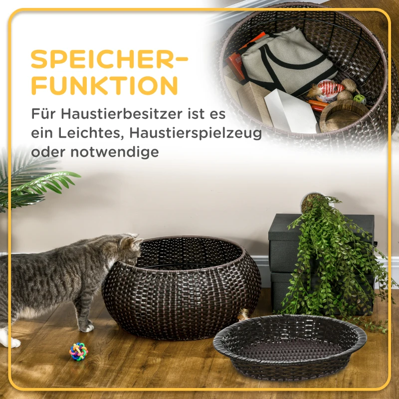 PawHut Katzenkorb inkl. Kissen und verstecktem Stauraum, Katzenbett, Haustierbett. PE-Rattan, Dunkelbraun + Creme