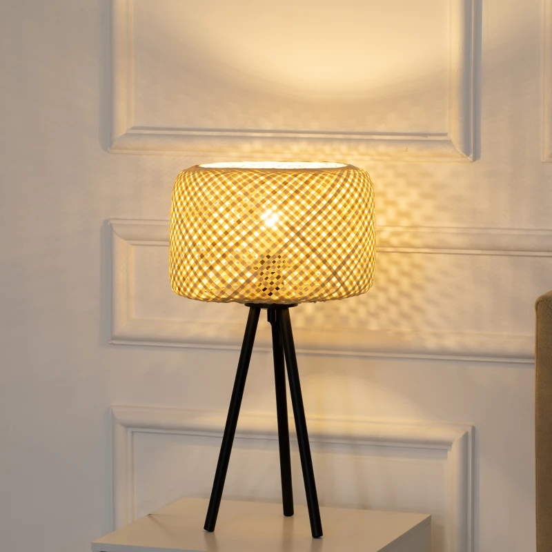 HOMCOM Tischleuchte im Boho-Stil, Lampenschirm aus Rattan, Stativ, 28 cm x 28 cm x 53 cm, Natur + Schwarz
