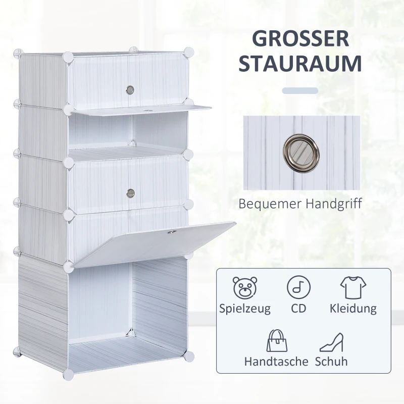 HOMCOM Regal mit Aufbewahrungsboxen, verstellbarer Schrank, Schuhregal, Kunststoff, Metall, Weiß+Grauer Streifen, 49 x 37 x 108 cm