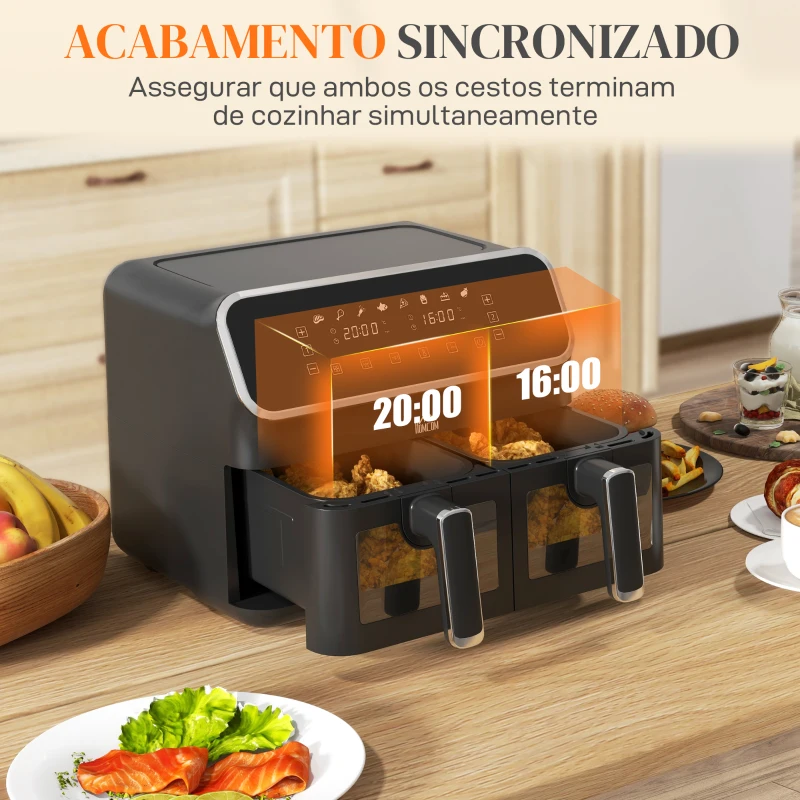 HOMCOM Fritadeira sem Óleo de 8L e 2700W com 2 Cestos Independentes 8 Programas Pré-configurados Ecrã LED Tátil 39x38,5x31 cm Preto