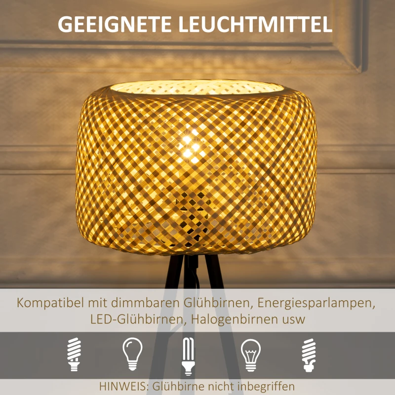 HOMCOM Tischleuchte im Boho-Stil, Lampenschirm aus Rattan, Stativ, 28 cm x 28 cm x 53 cm, Natur + Schwarz