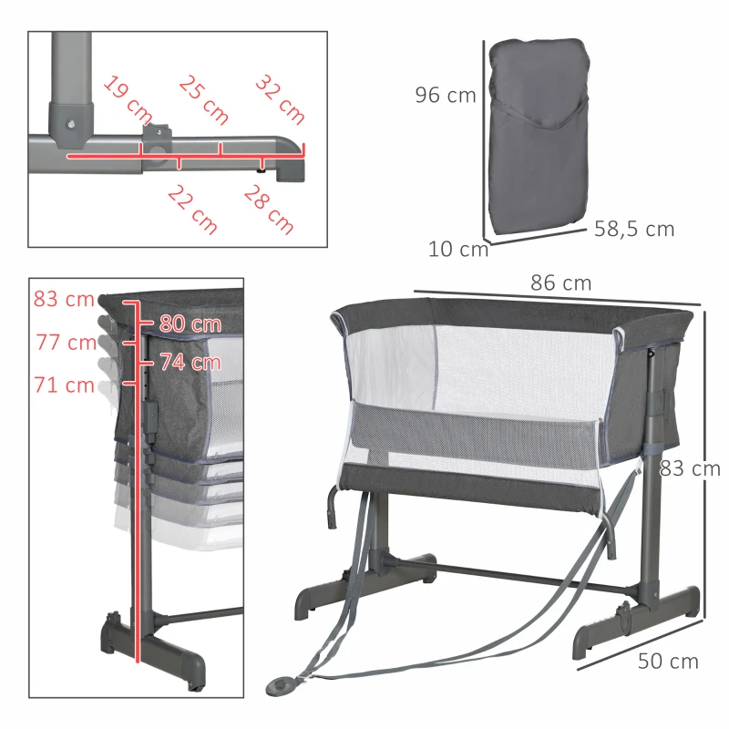 HOMCOM Babybett, Beistellbett, Reisebett, höhenverstellbar, mit Matratze, Stahl, grau, 86 x 50 x 83cm