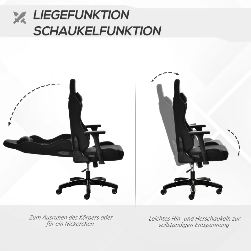 Vinsetto Gaming Stuhl mit Wipp- & Liegefunktion höhenverstellbarer Bürostuhl ergonomischer Drehstuhl mit Kopfstütze Lendenkissen 90-160° Neigungswinkel Schwarz Kunstleder 71 x 58 x 125-131 cm