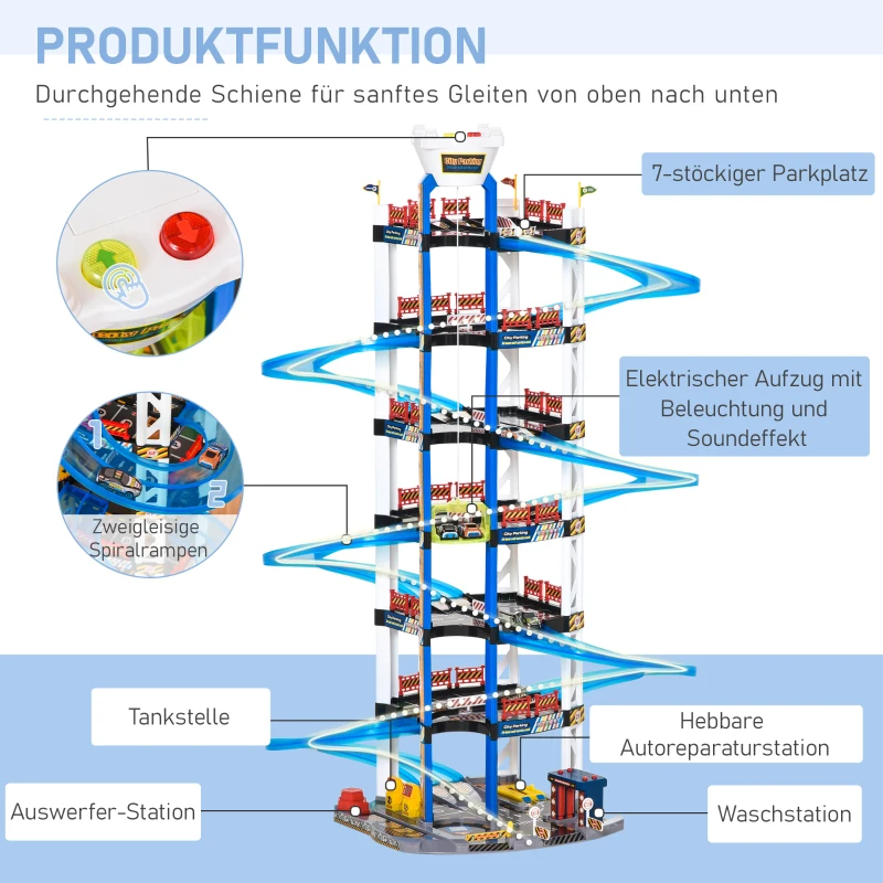 HOMCOM Parking Garage kinder Rennbahn Kinder Autorennbahn Parkgarage für Spielzeugautos mit Licht und Sound ab 3 Jahre ABS Blau+Weiß 64 x 59 x 113 cm