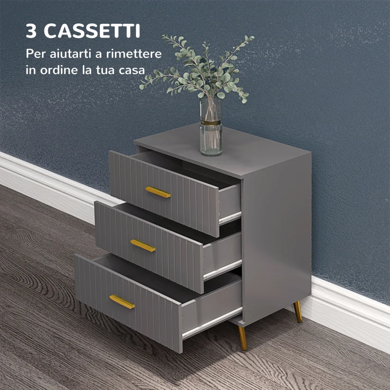 HOMCOM Cassettiera 3 Cassetti Moderna in Legno e Alluminio, 60x40x71.5 cm, Oro e Grigio Scuro