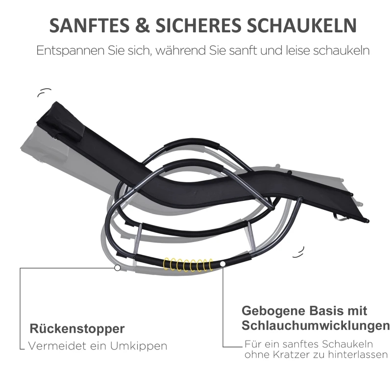 Outsunny Schaukelstuhl, Schaukelliege mit Kopfkissen, Gartenliege, Schwungliege, Texteline, Schwarz, 160 x 61 x 79 cm